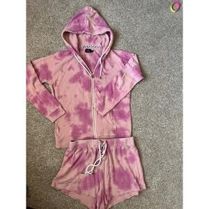 Volcom Tie Dye Lounge Set Pink Purple Zip Up Hoodie Medium Shorts Large 2 Piece